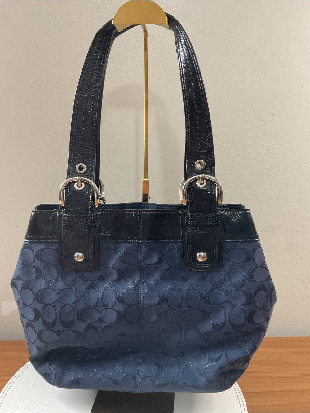 Coach Navy Signature Jacquard Shoulder Bag with Black Trim
